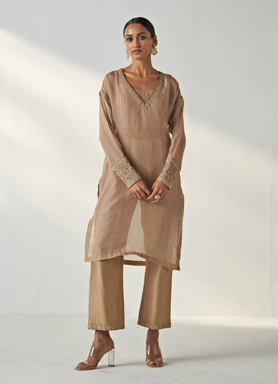 Nude Gold Embroidered Organza Kurta Pant Set Studio Bagechaa - Fabilicious Fashion