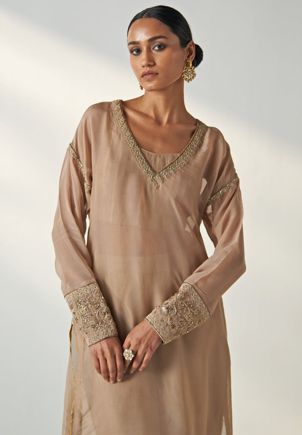Nude Gold Embroidered Organza Kurta Pant Set Studio Bagechaa - Fabilicious Fashion