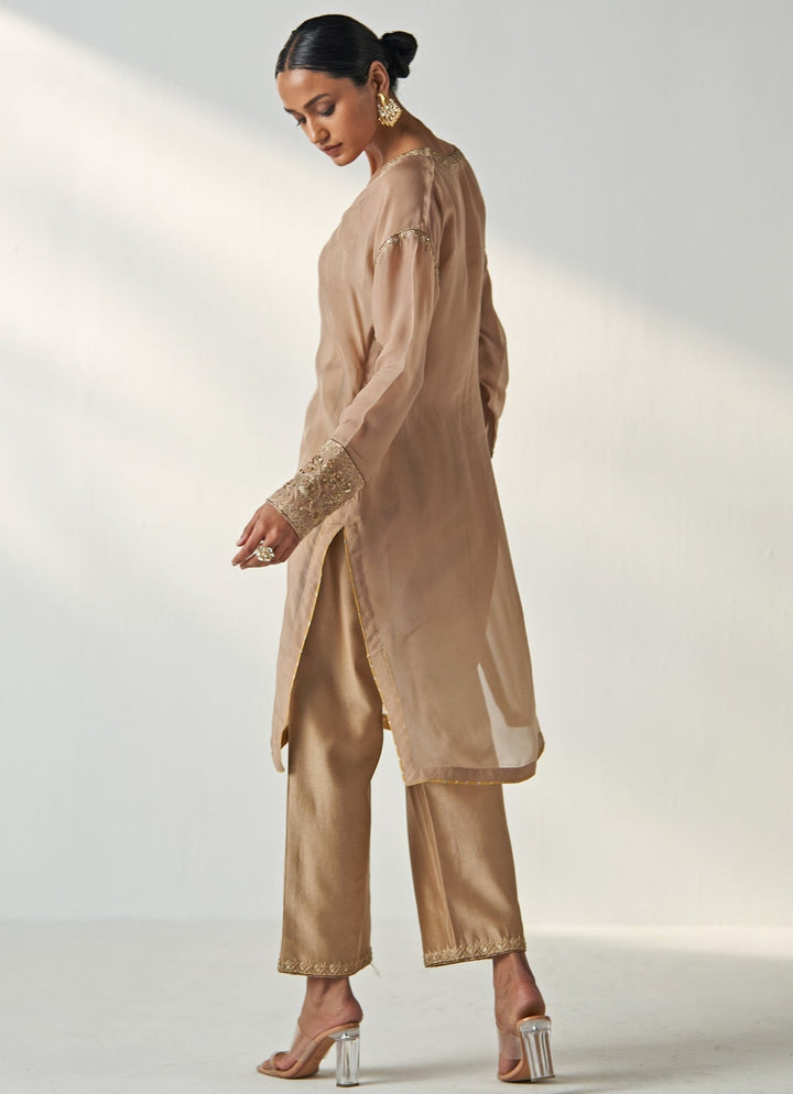 Nude Gold Embroidered Organza Kurta Pant Set Studio Bagechaa - Fabilicious Fashion