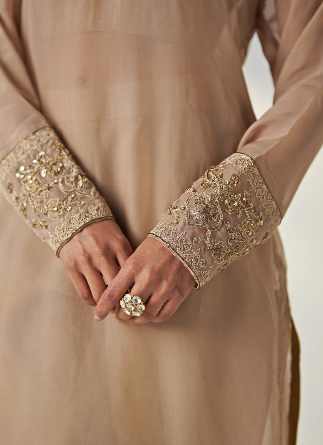 Nude Gold Embroidered Organza Kurta Pant Set Studio Bagechaa - Fabilicious Fashion