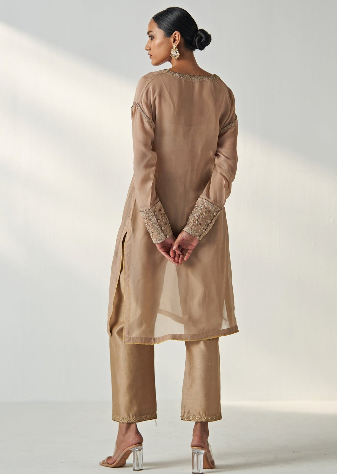 Nude Gold Embroidered Organza Kurta Pant Set Studio Bagechaa - Fabilicious Fashion