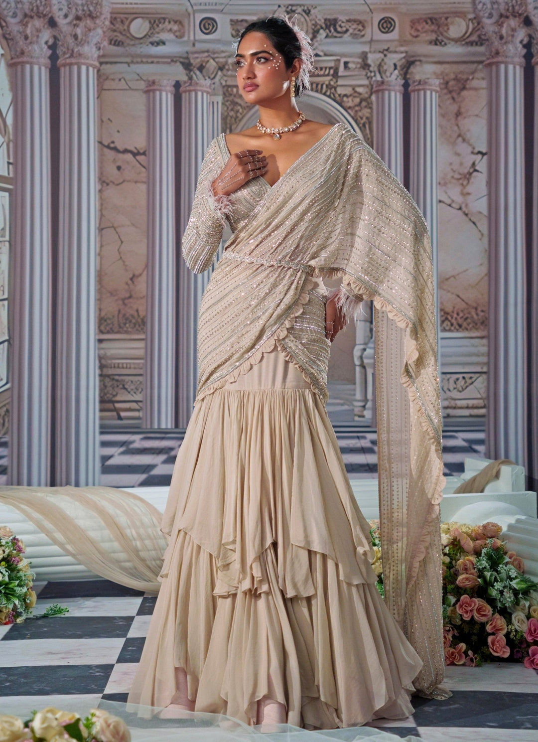 Nude Gold Embroidered Organza Saree Nidhika Shekhar - Fabilicious Fashion