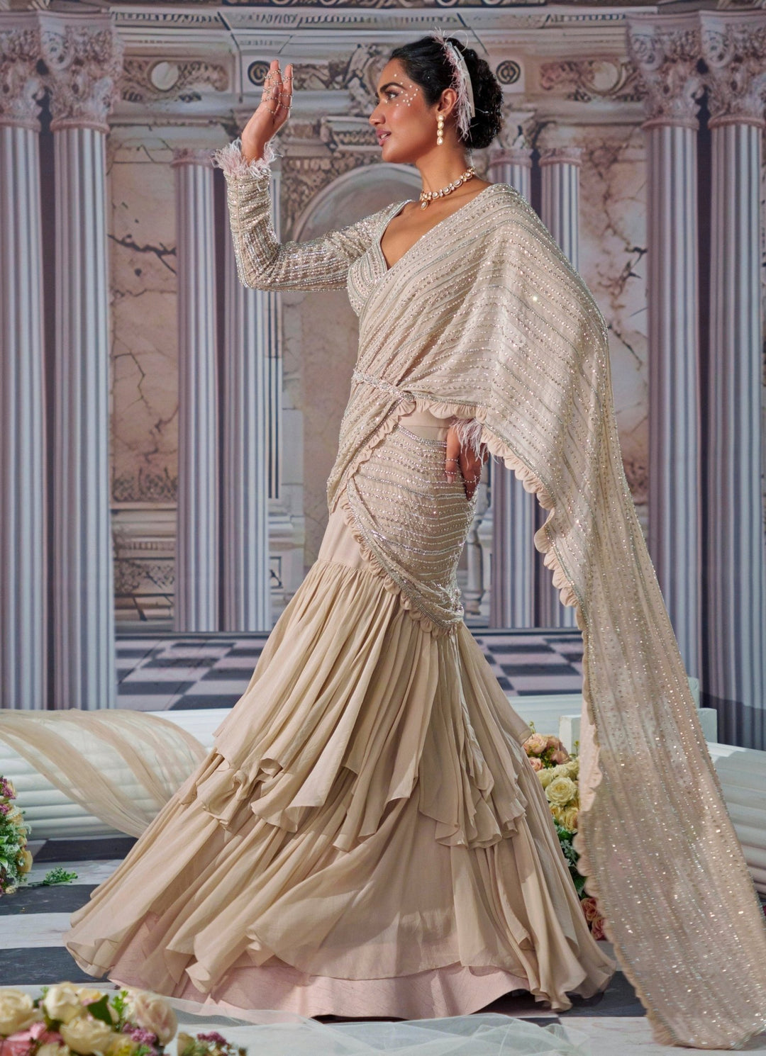 Nude Gold Embroidered Organza Saree Nidhika Shekhar - Fabilicious Fashion