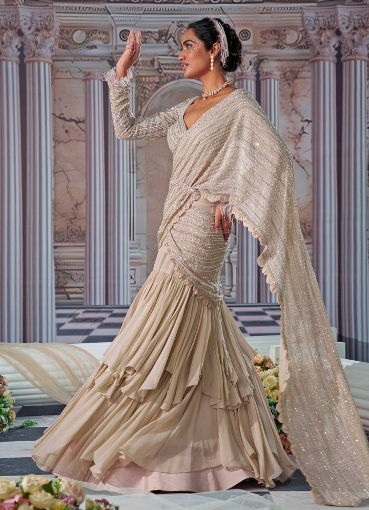 Nude Gold Embroidered Organza Saree Nidhika Shekhar - Fabilicious Fashion