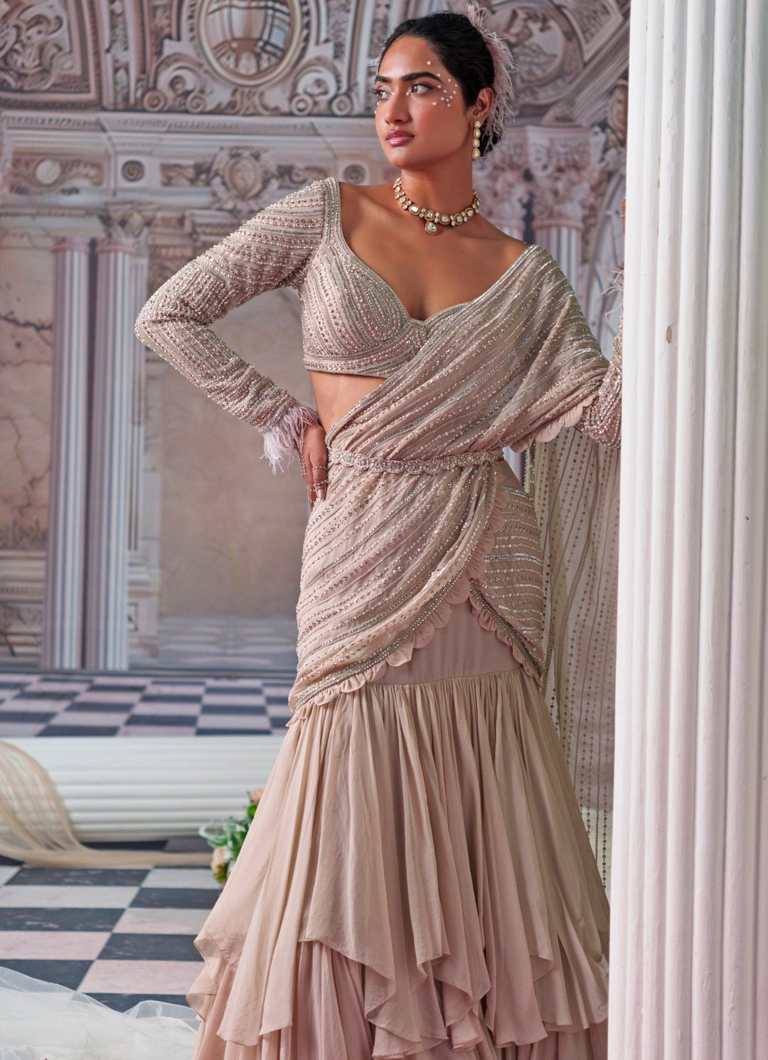 Nude Gold Embroidered Organza Saree Nidhika Shekhar - Fabilicious Fashion