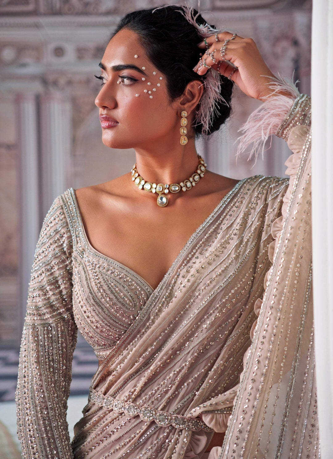 Nude Gold Embroidered Organza Saree Nidhika Shekhar - Fabilicious Fashion