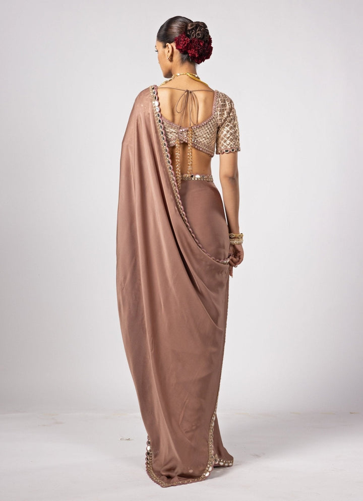 Nude Gold Embroidered Satin Saree With Embroidered Blouse Vvani by Vani Vats - Fabilicious Fashion