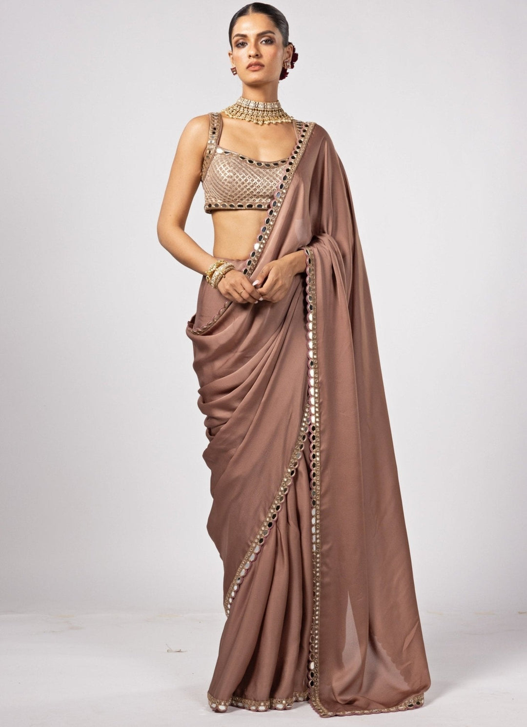 Nude Gold Embroidered Satin Saree With Embroidered Blouse Vvani by Vani Vats - Fabilicious Fashion