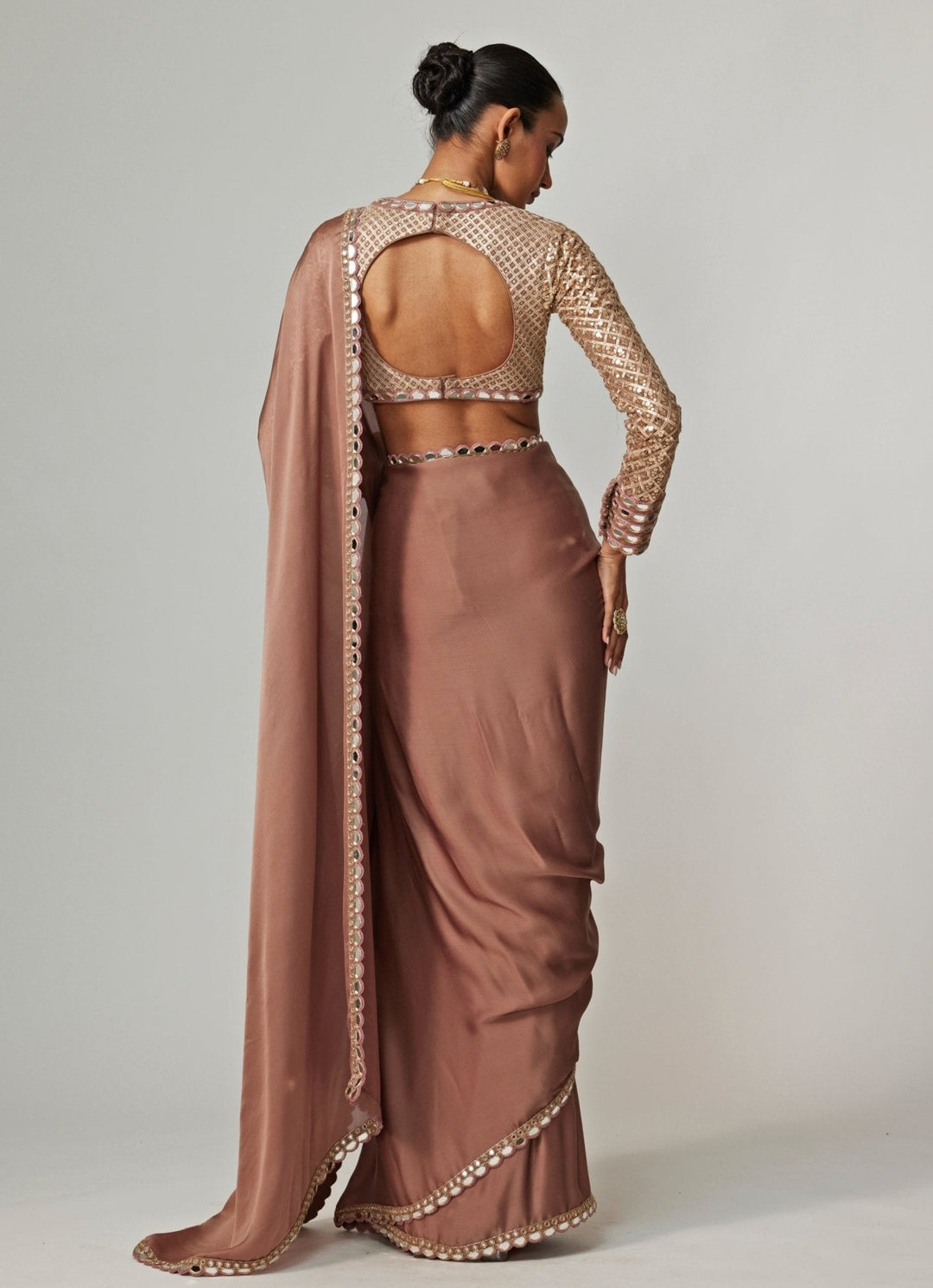 Nude Gold Embroidered Satin Saree With Embroidered Blouse Vvani by Vani Vats - Fabilicious Fashion