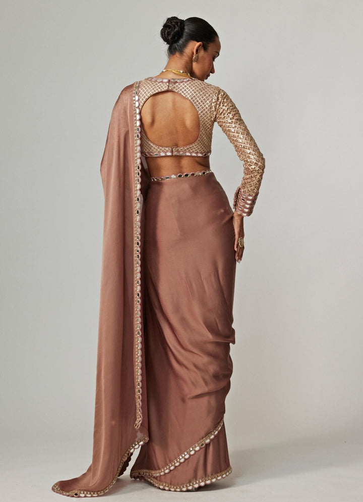 Nude Gold Embroidered Satin Saree With Embroidered Blouse Vvani by Vani Vats - Fabilicious Fashion