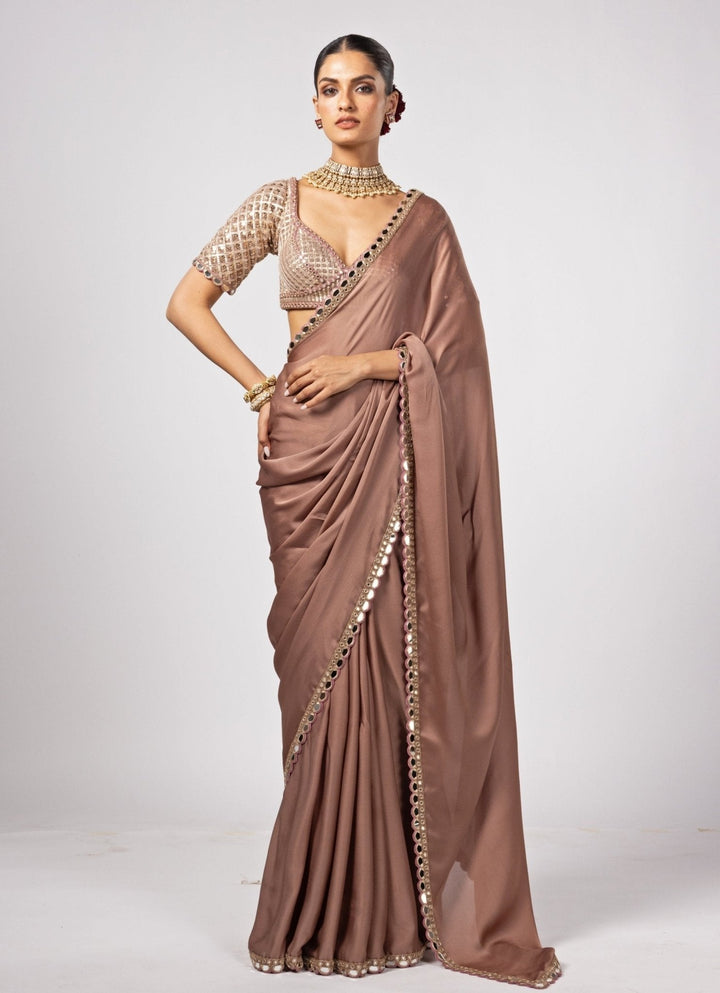 Nude Gold Embroidered Satin Saree With Embroidered Blouse Vvani by Vani Vats - Fabilicious Fashion