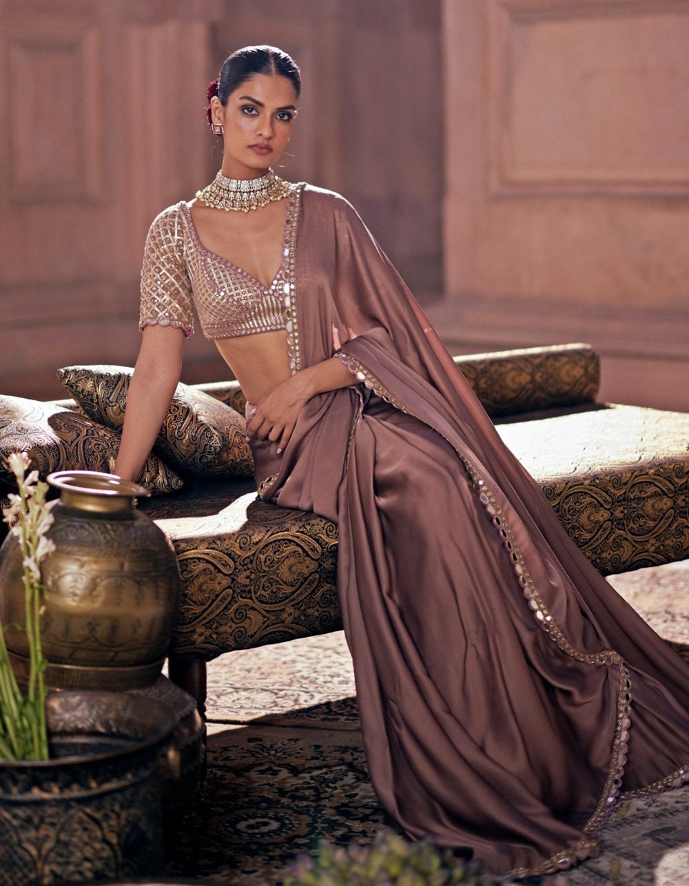 Nude Gold Embroidered Satin Saree With Embroidered Blouse Vvani by Vani Vats - Fabilicious Fashion