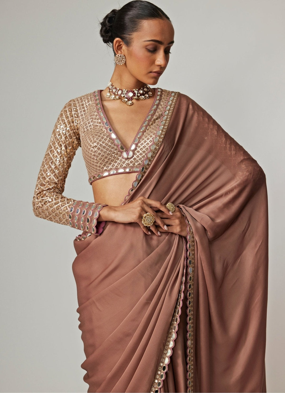 Nude Gold Embroidered Satin Saree With Embroidered Blouse Vvani by Vani Vats - Fabilicious Fashion