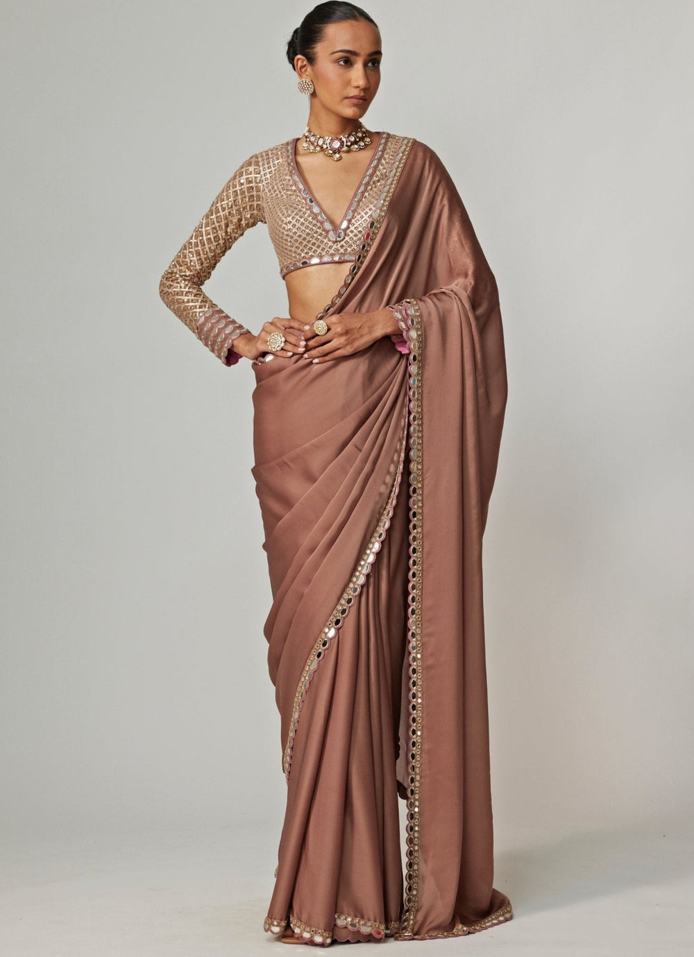 Nude Gold Embroidered Satin Saree With Embroidered Blouse Vvani by Vani Vats - Fabilicious Fashion