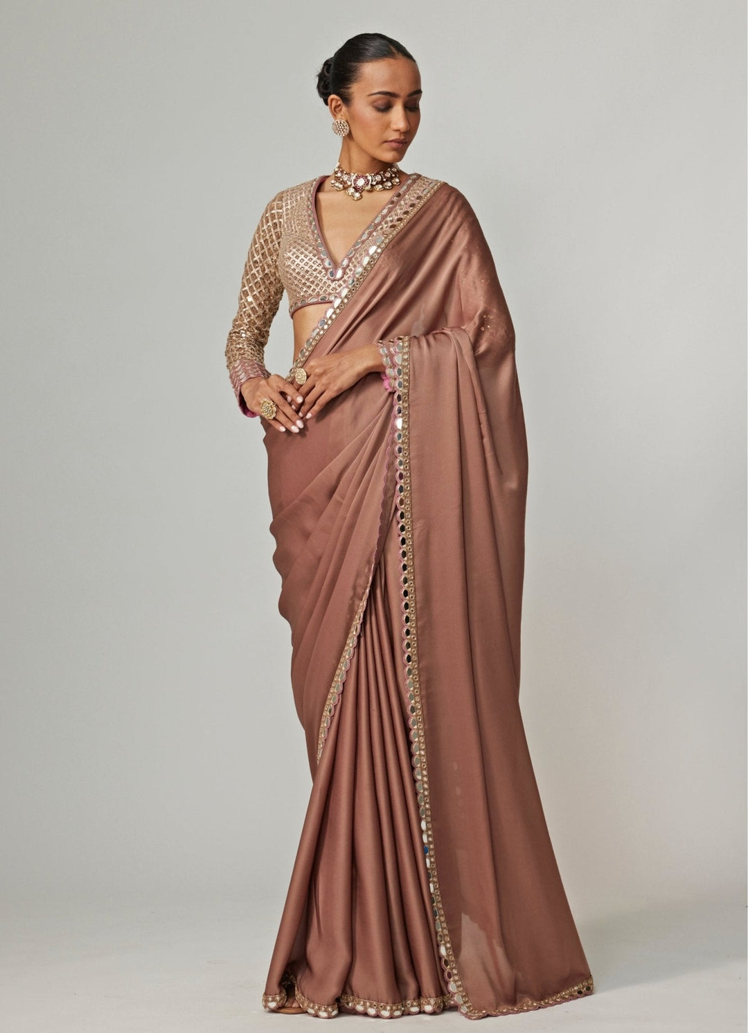 Nude Gold Embroidered Satin Saree With Embroidered Blouse Vvani by Vani Vats - Fabilicious Fashion