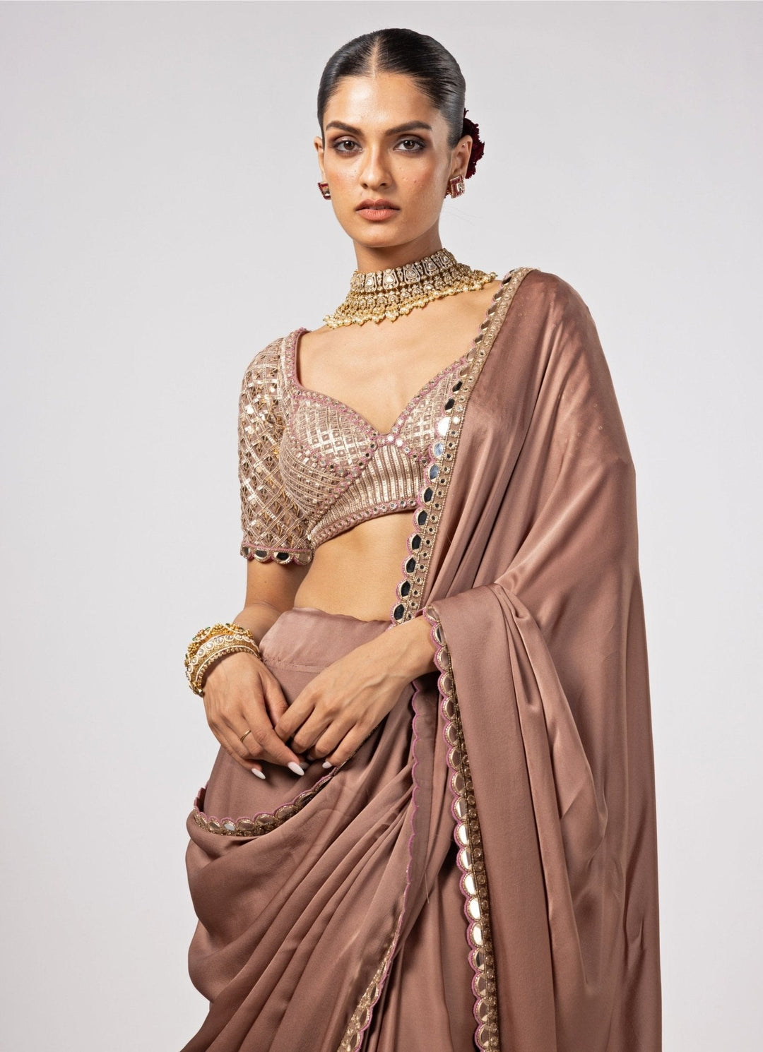 Nude Gold Embroidered Satin Saree With Embroidered Blouse Vvani by Vani Vats - Fabilicious Fashion
