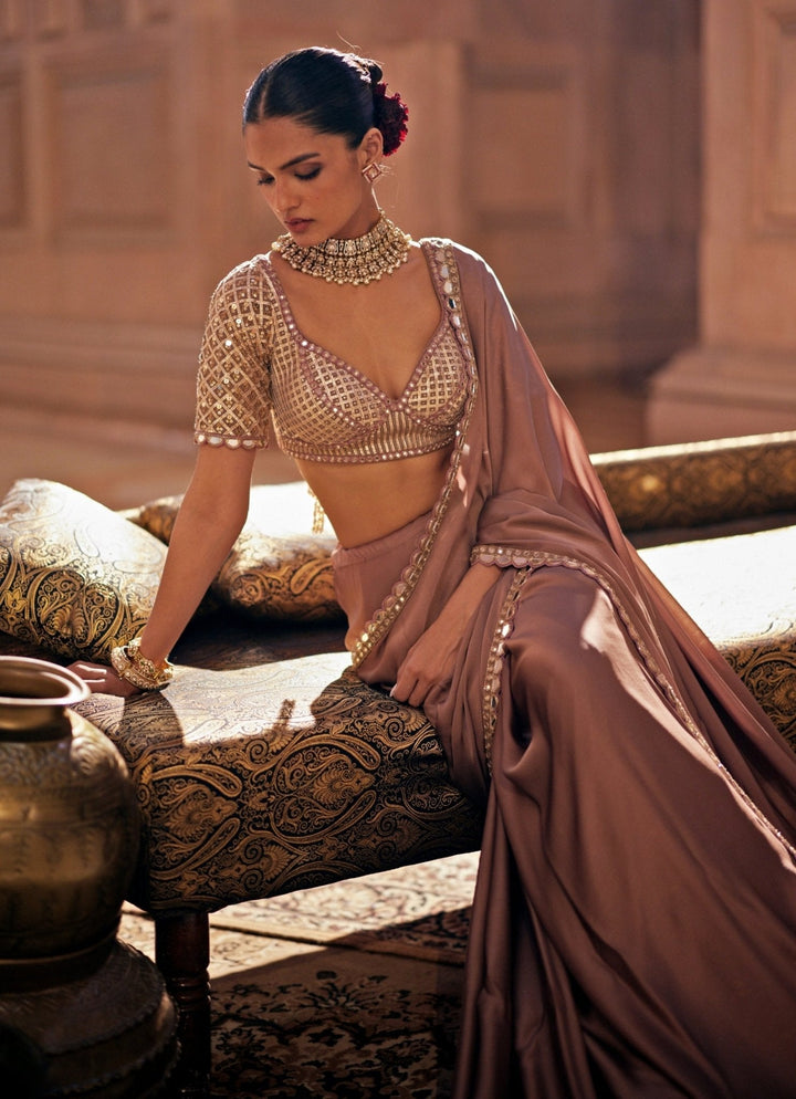 Nude Gold Embroidered Satin Saree With Embroidered Blouse Vvani by Vani Vats - Fabilicious Fashion