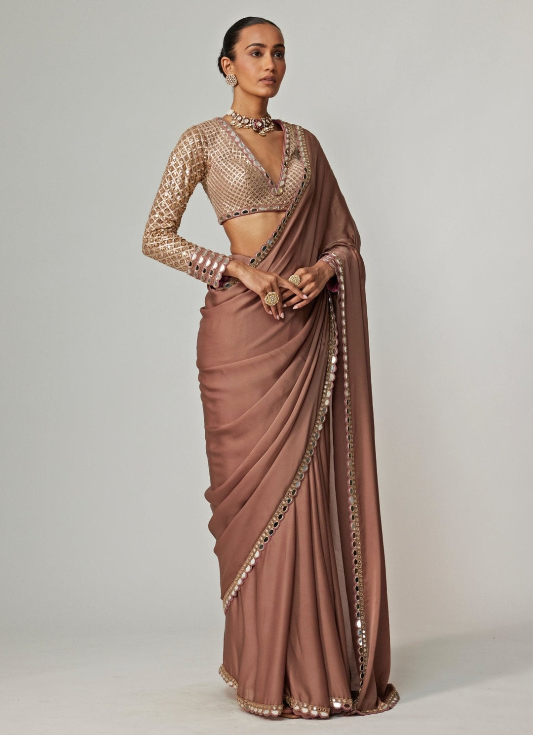 Nude Gold Embroidered Satin Saree With Embroidered Blouse Vvani by Vani Vats - Fabilicious Fashion
