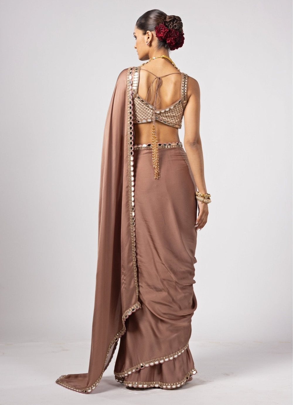 Nude Gold Embroidered Satin Saree With Embroidered Blouse Vvani by Vani Vats - Fabilicious Fashion