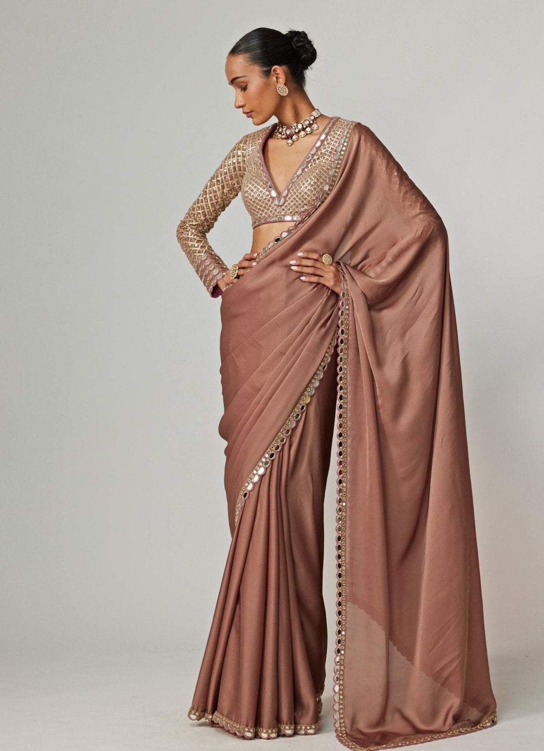 Nude Gold Embroidered Satin Saree With Embroidered Blouse Vvani by Vani Vats - Fabilicious Fashion