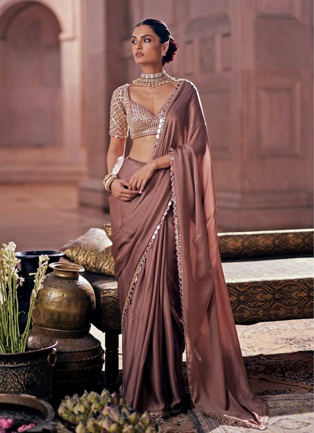 Nude Gold Embroidered Satin Saree With Embroidered Blouse Vvani by Vani Vats - Fabilicious Fashion