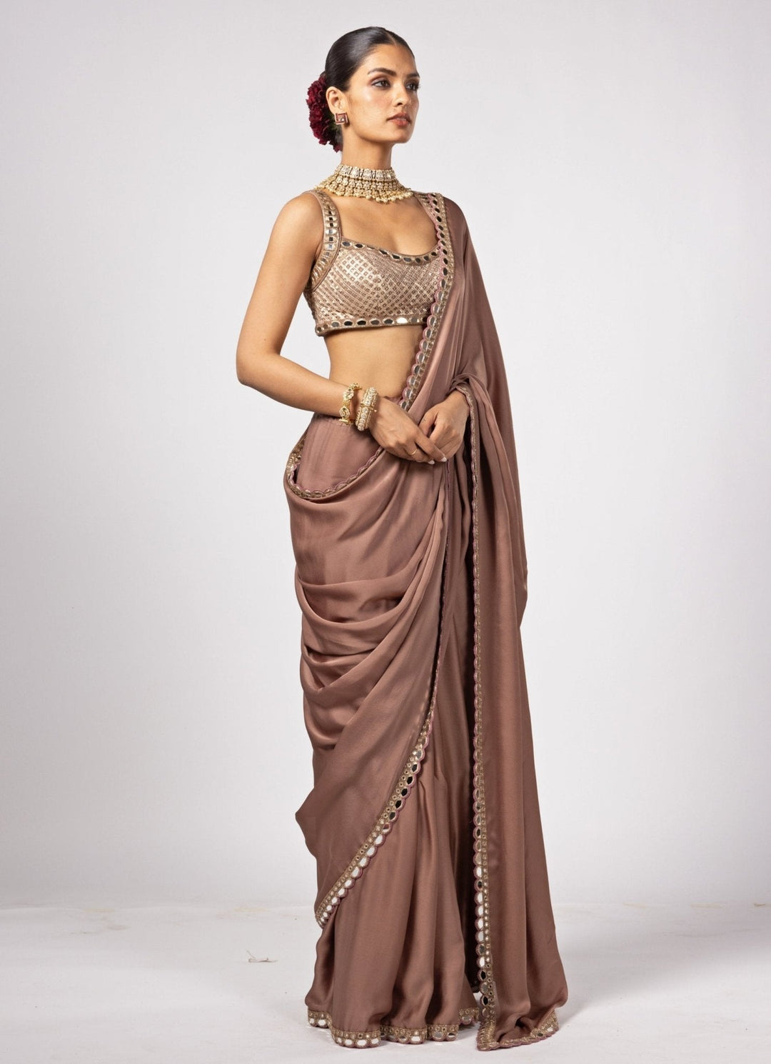 Nude Gold Embroidered Satin Saree With Embroidered Blouse Vvani by Vani Vats - Fabilicious Fashion