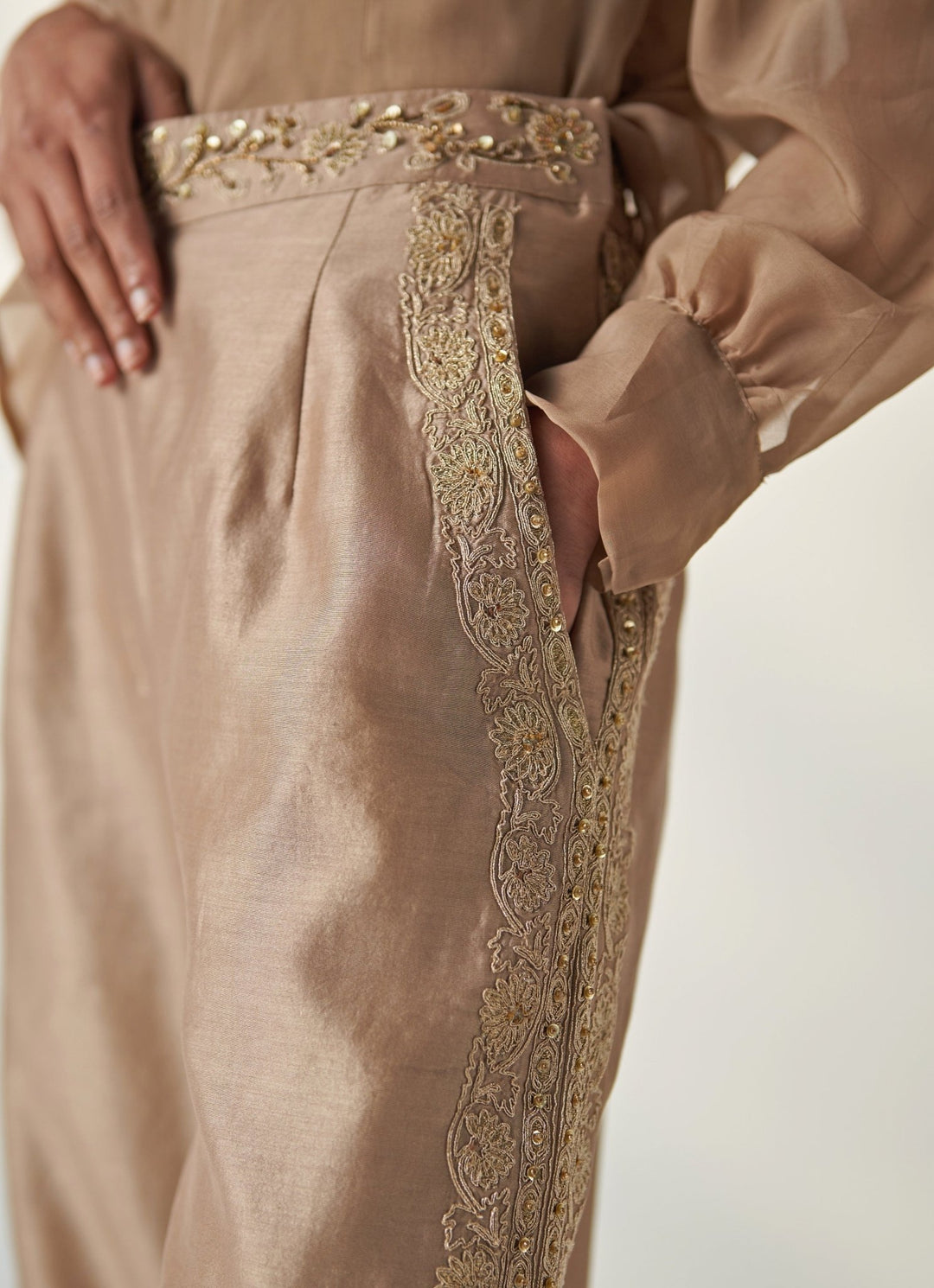 Nude Gold Embroidered Shirt And Pant Set Studio Bagechaa - Fabilicious Fashion