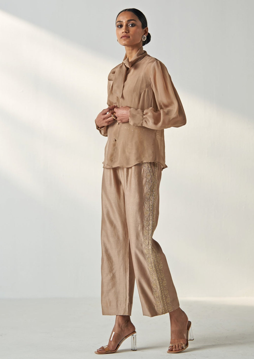 Nude Gold Embroidered Shirt And Pant Set Studio Bagechaa - Fabilicious Fashion