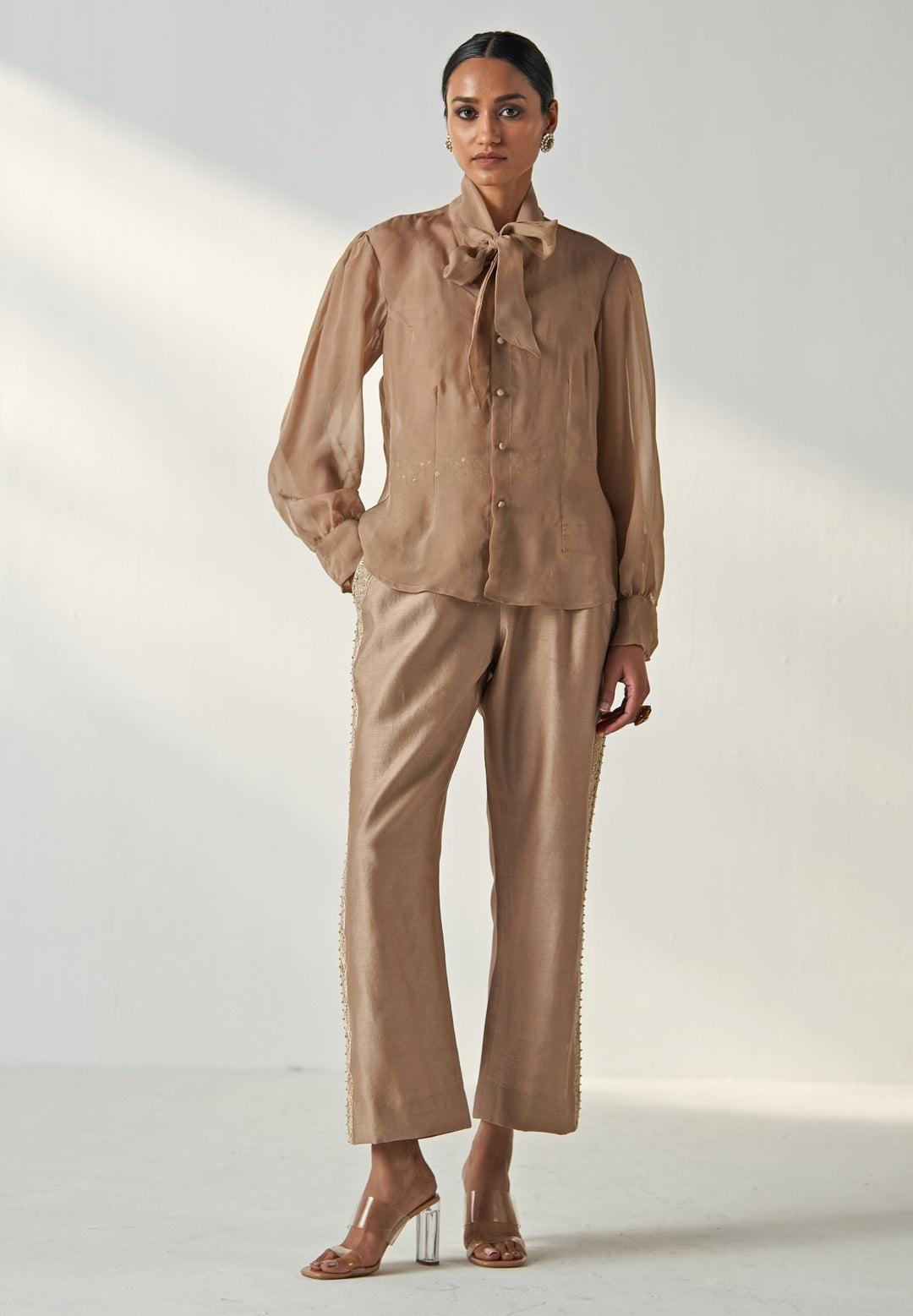 Nude Gold Embroidered Shirt And Pant Set Studio Bagechaa - Fabilicious Fashion