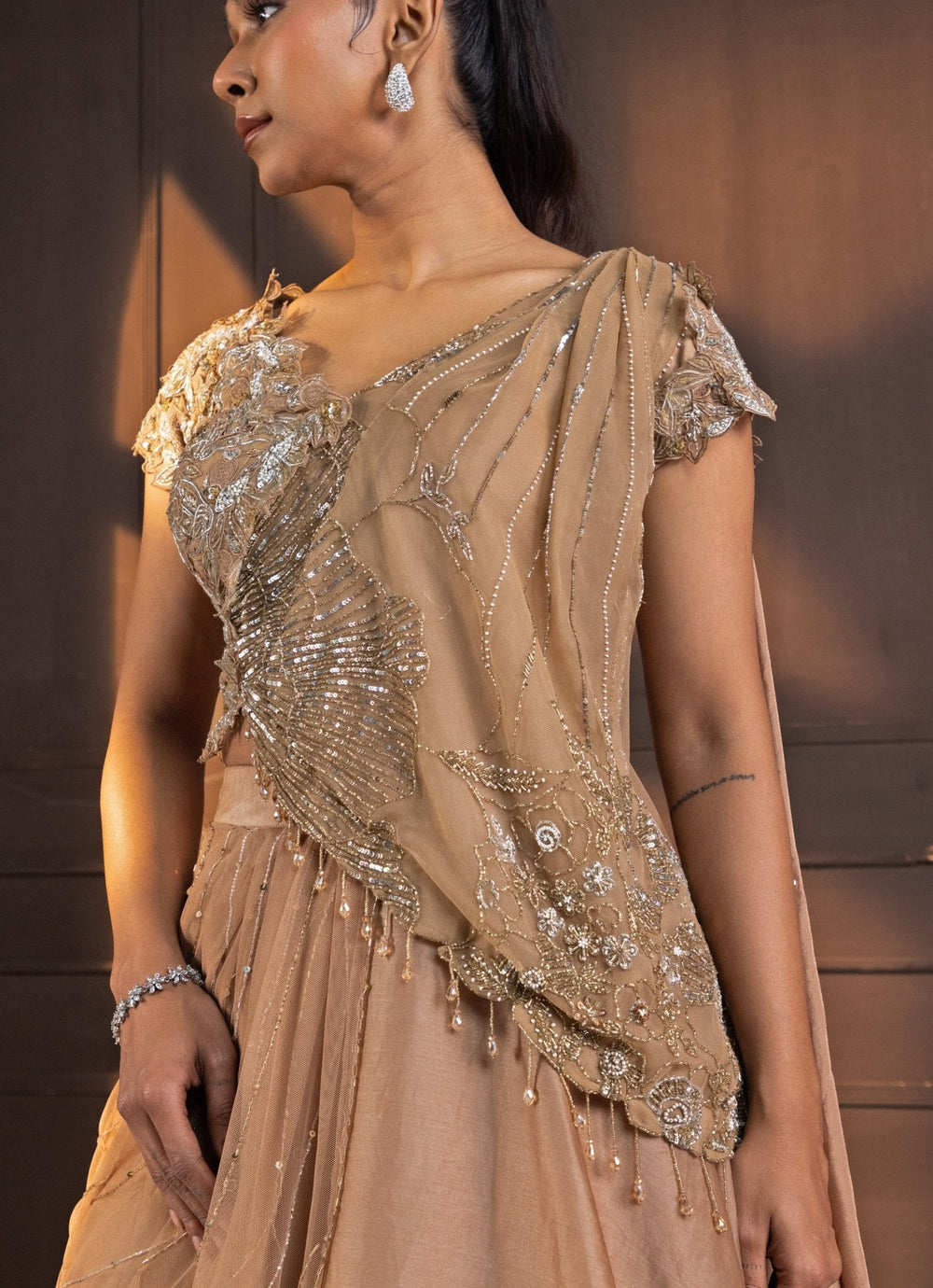 Nude Gold Embroidered Sparkle Lehenga Set Smriti - Fabilicious Fashion