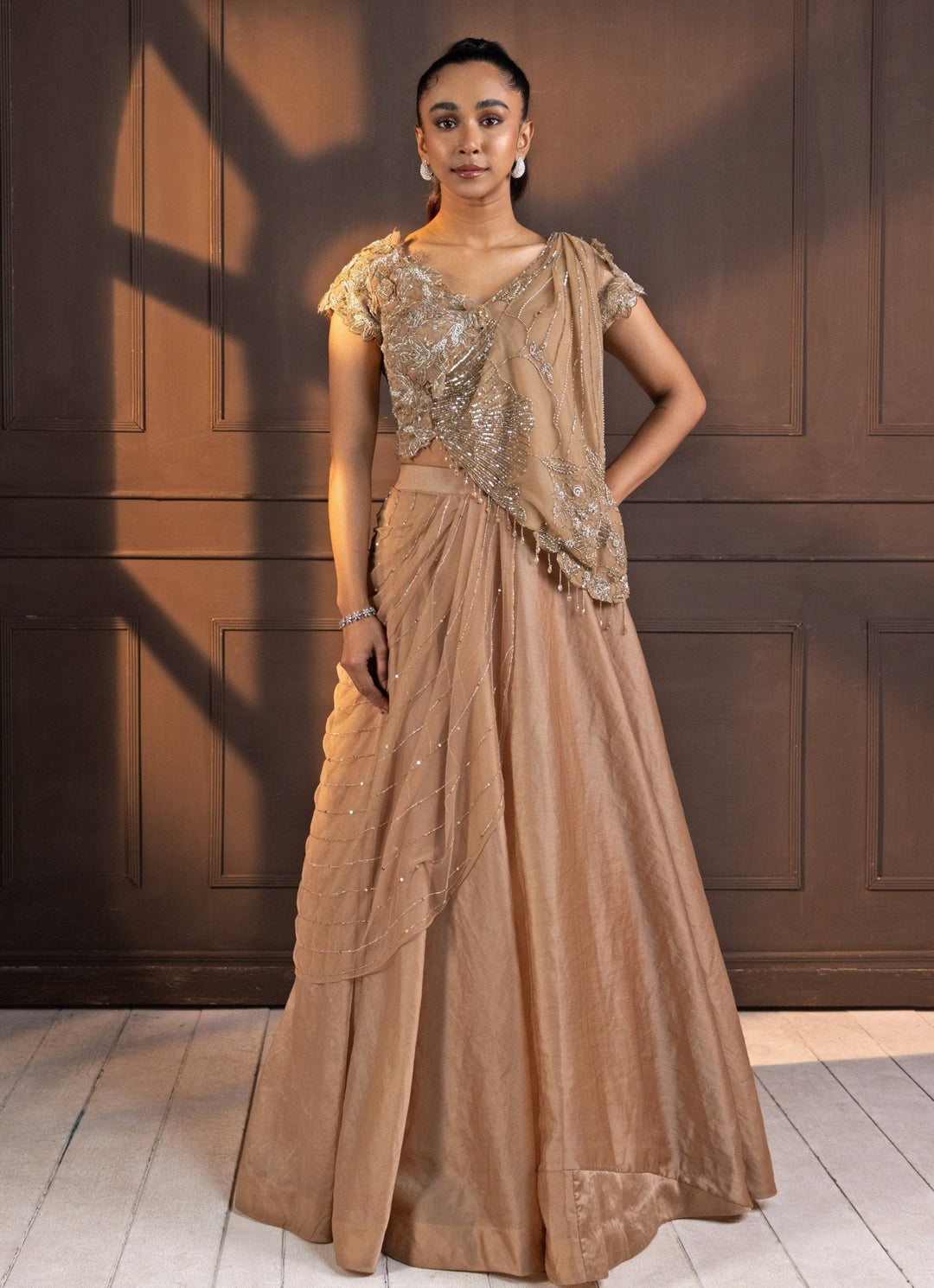 Nude Gold Embroidered Sparkle Lehenga Set Smriti - Fabilicious Fashion