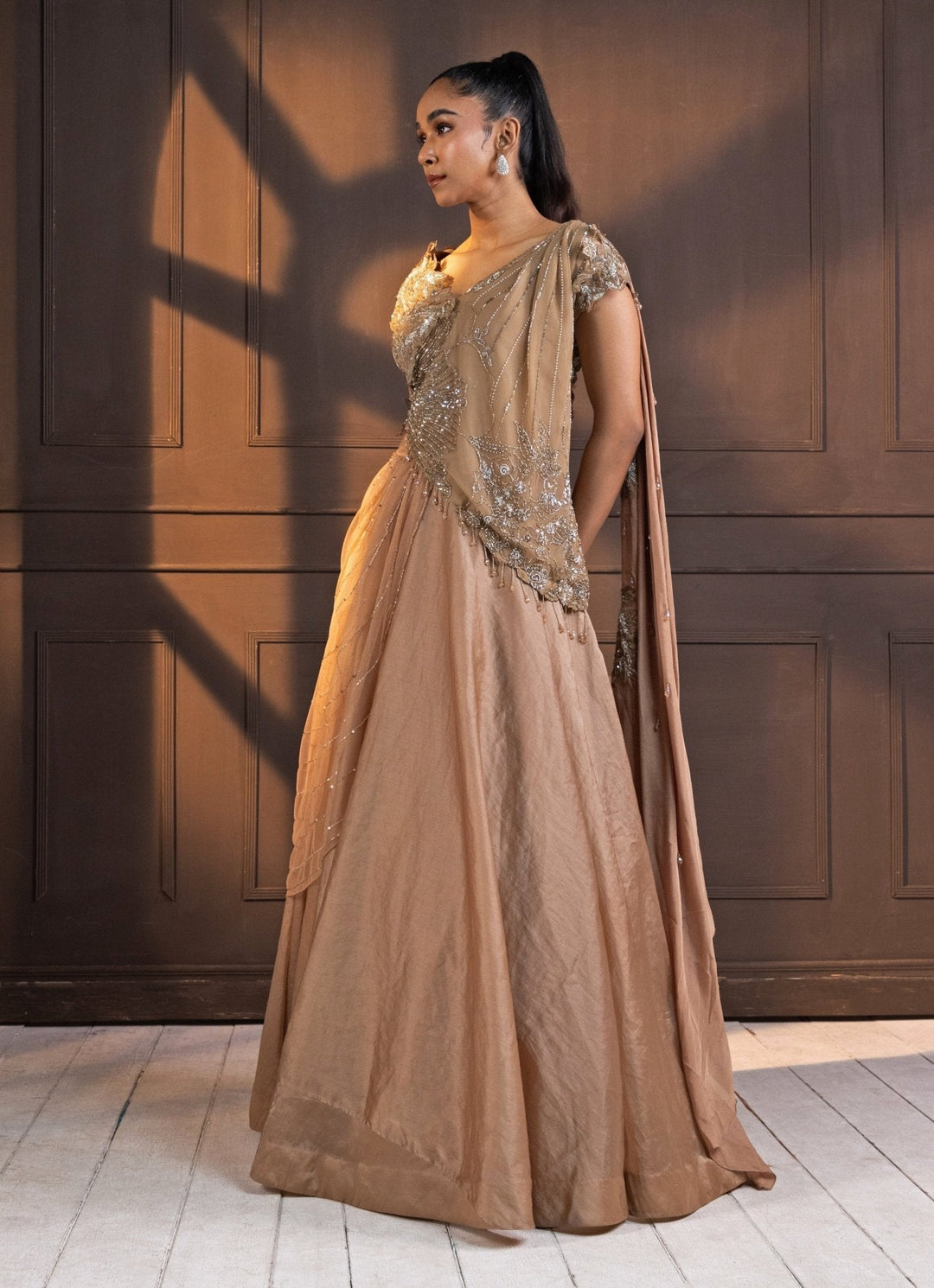 Nude Gold Embroidered Sparkle Lehenga Set Smriti - Fabilicious Fashion
