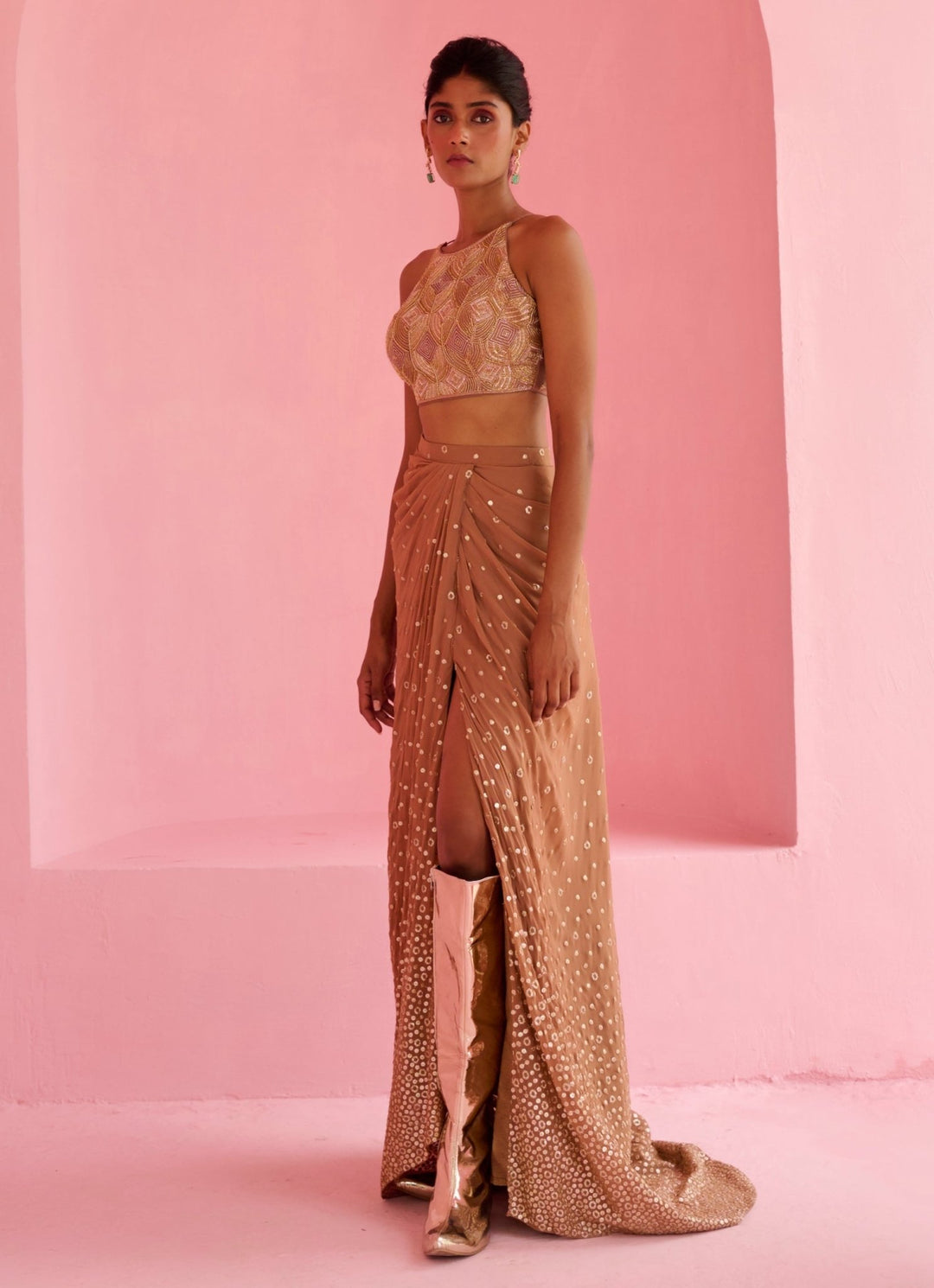 Nude Gold Georgette Drape Skirt Set Chamee and Palak - Fabilicious Fashion