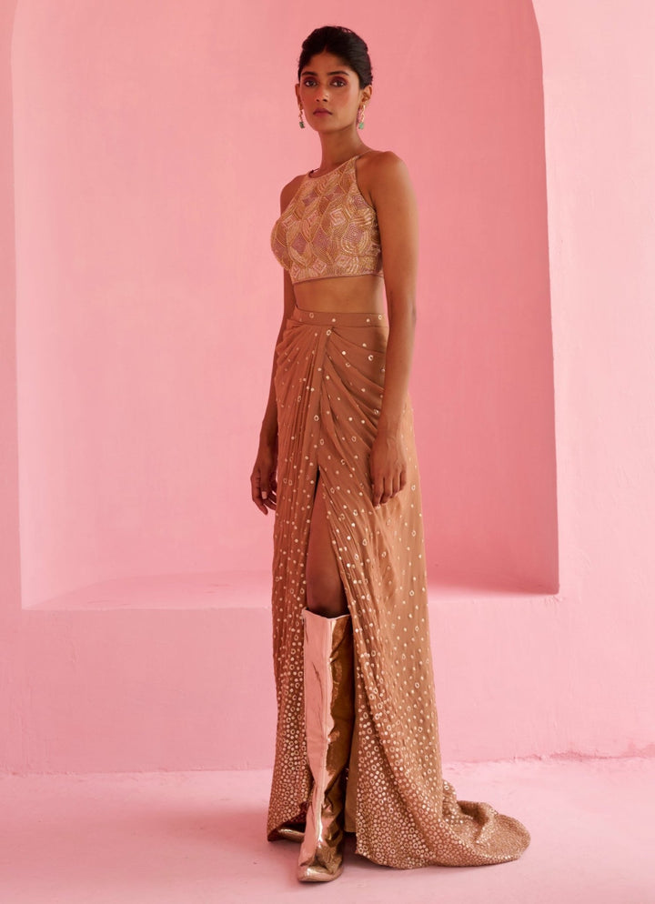 Nude Gold Georgette Drape Skirt Set Chamee and Palak - Fabilicious Fashion