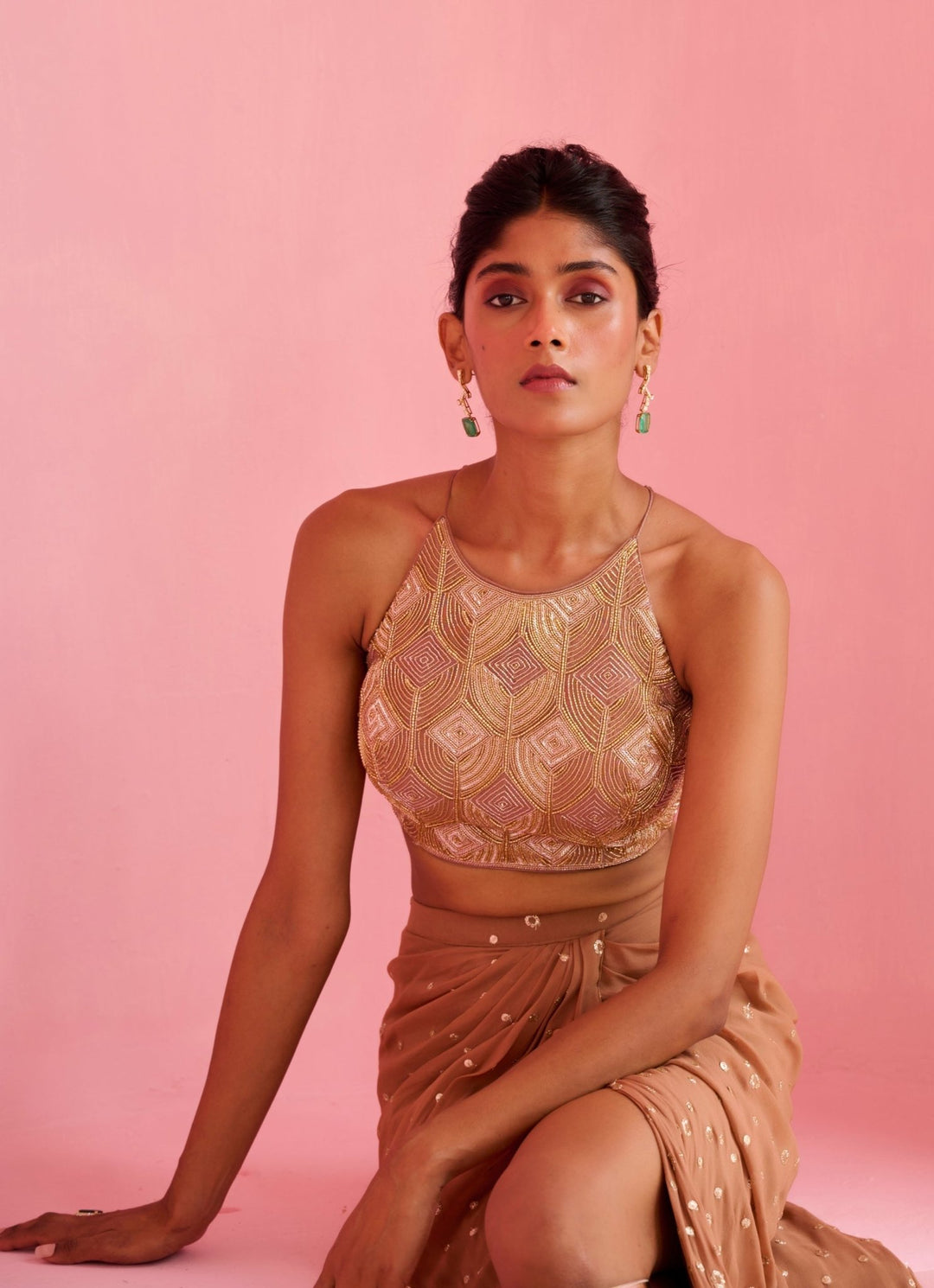 Nude Gold Georgette Drape Skirt Set Chamee and Palak - Fabilicious Fashion