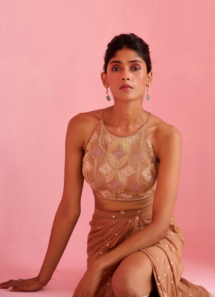 Nude Gold Georgette Drape Skirt Set Chamee and Palak - Fabilicious Fashion