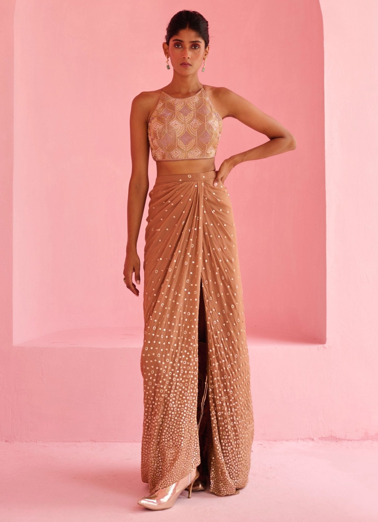 Nude-Gold Georgette Drape Skirt Set by Chamee & Palak