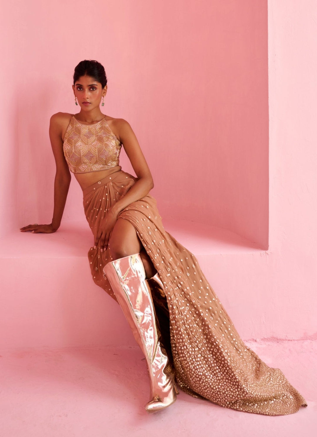 Nude Gold Georgette Drape Skirt Set Chamee and Palak - Fabilicious Fashion