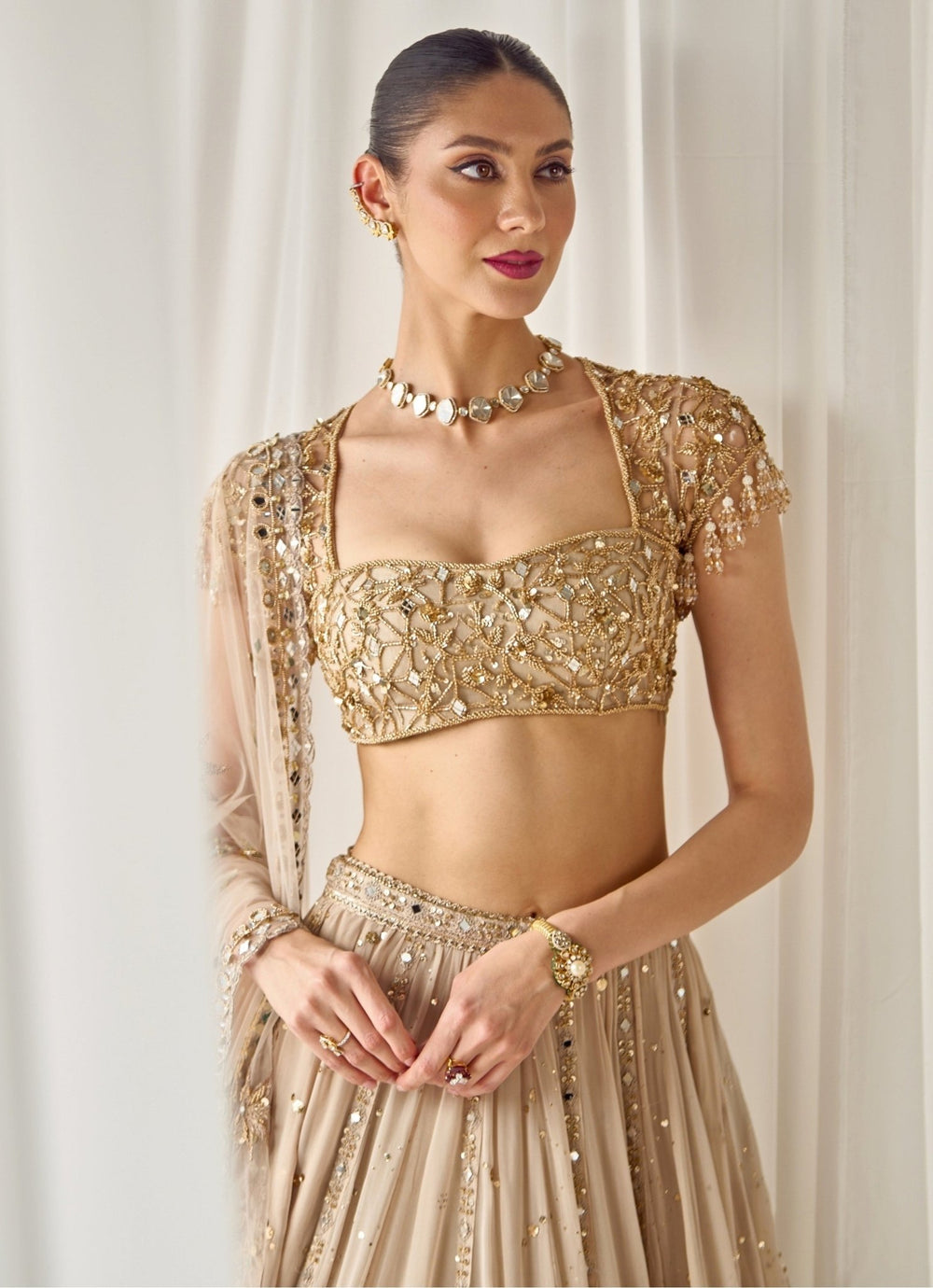 Nude Gold Georgette Lehenga Set Sanya Gulati - Fabilicious Fashion