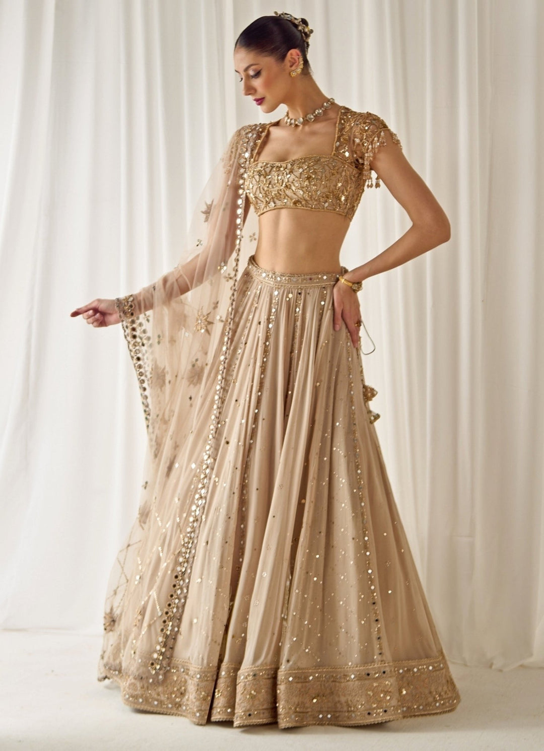 Nude Gold Georgette Lehenga Set Sanya Gulati - Fabilicious Fashion