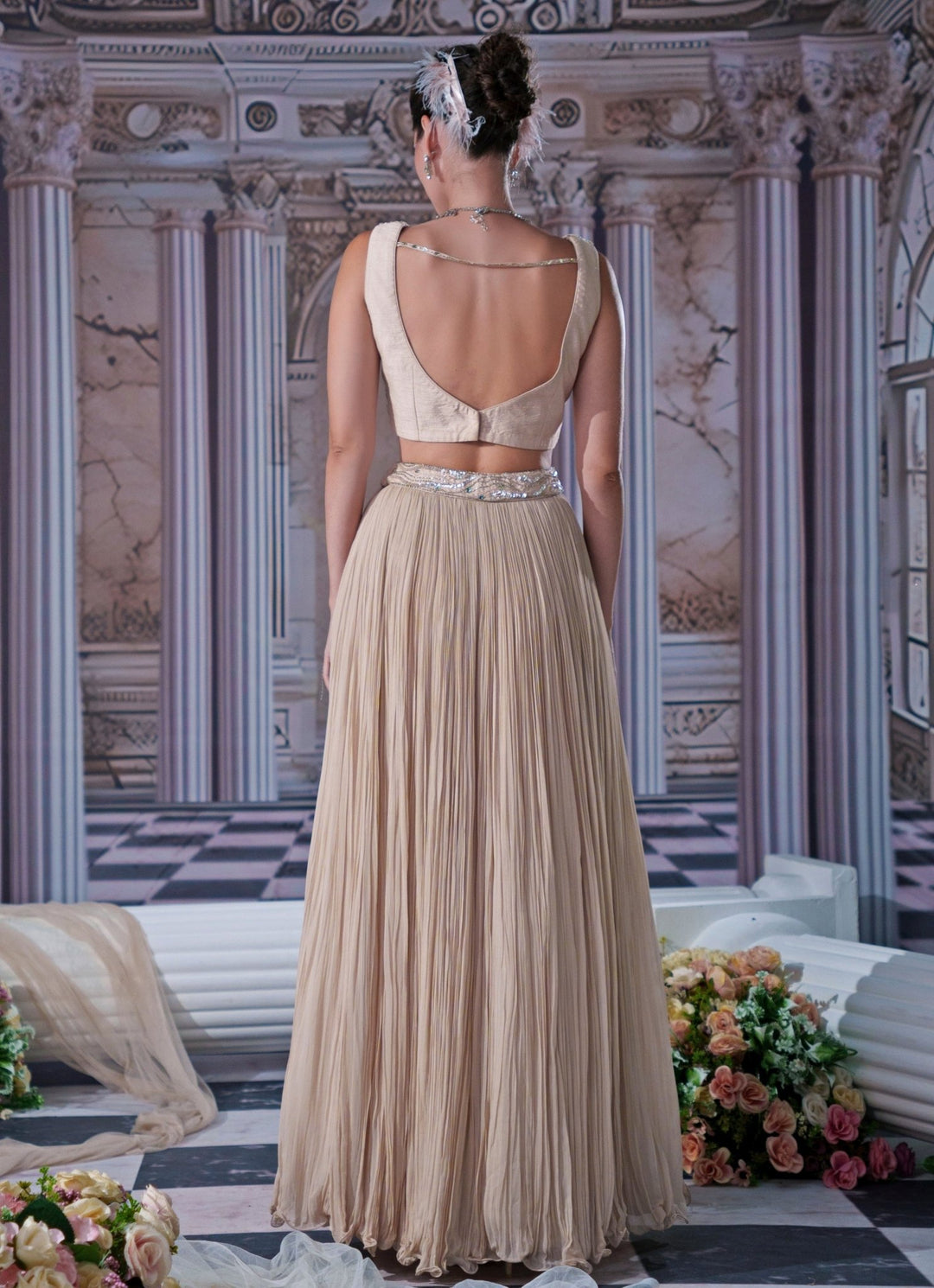 Nude Gold Georgette Lehenga With Embroidered Long Cape Nidhika Shekhar - Fabilicious Fashion