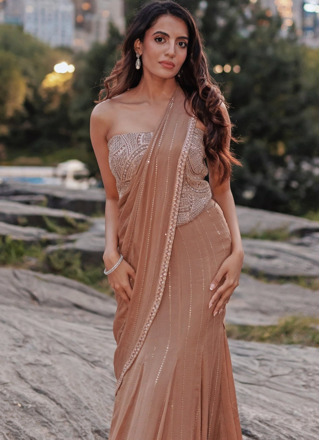 Nude Gold Georgette Predraped Saree Chamee and Palak - Fabilicious Fashion