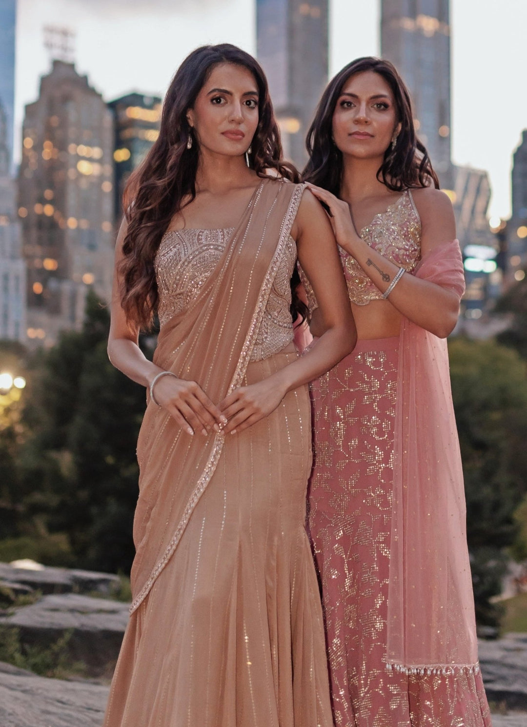 Nude Gold Georgette Predraped Saree Chamee and Palak - Fabilicious Fashion