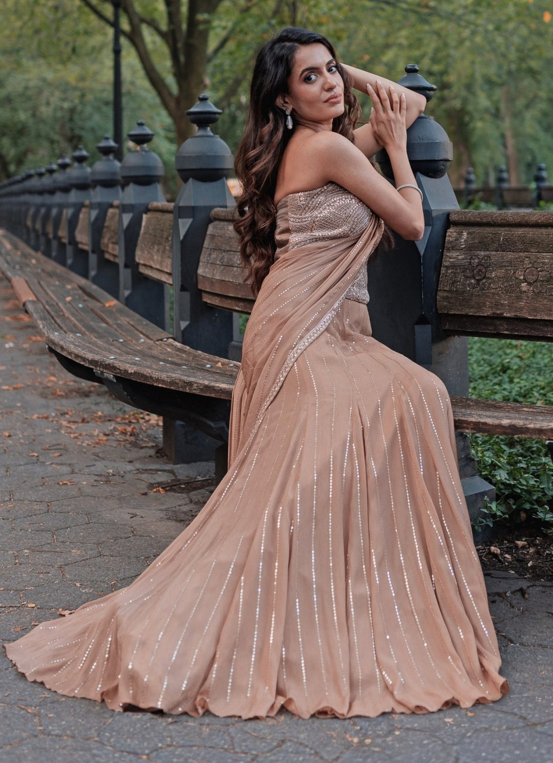 Nude Gold Georgette Predraped Saree Chamee and Palak - Fabilicious Fashion