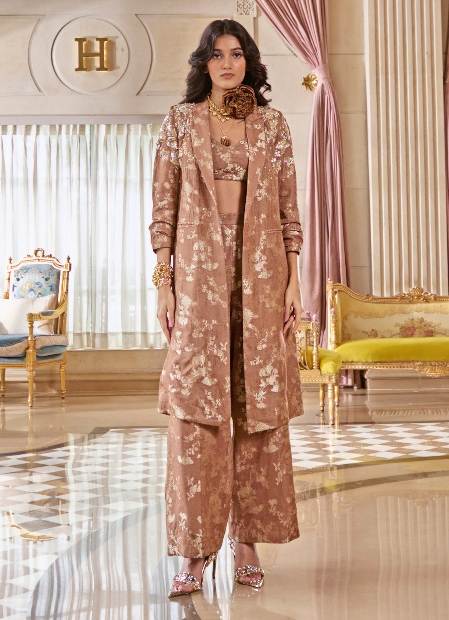 mocha brown gold indowestern co ord jacket set wedding guest outfit