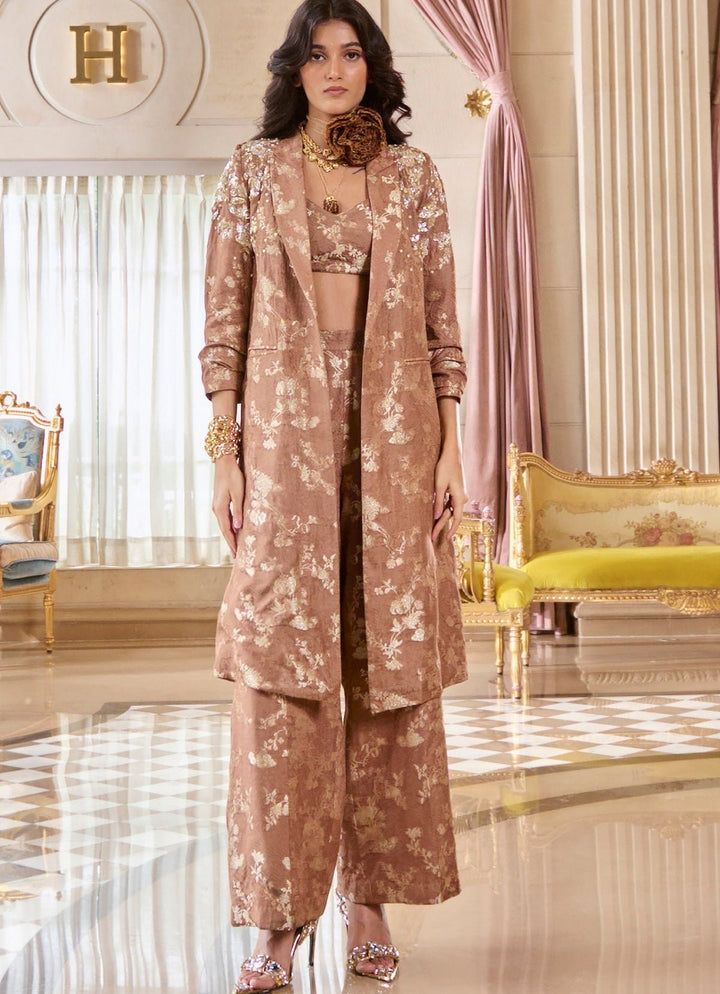 Nude Gold Jacquard Co Ord Jacket Set Paulmi and Harsh - Fabilicious Fashion