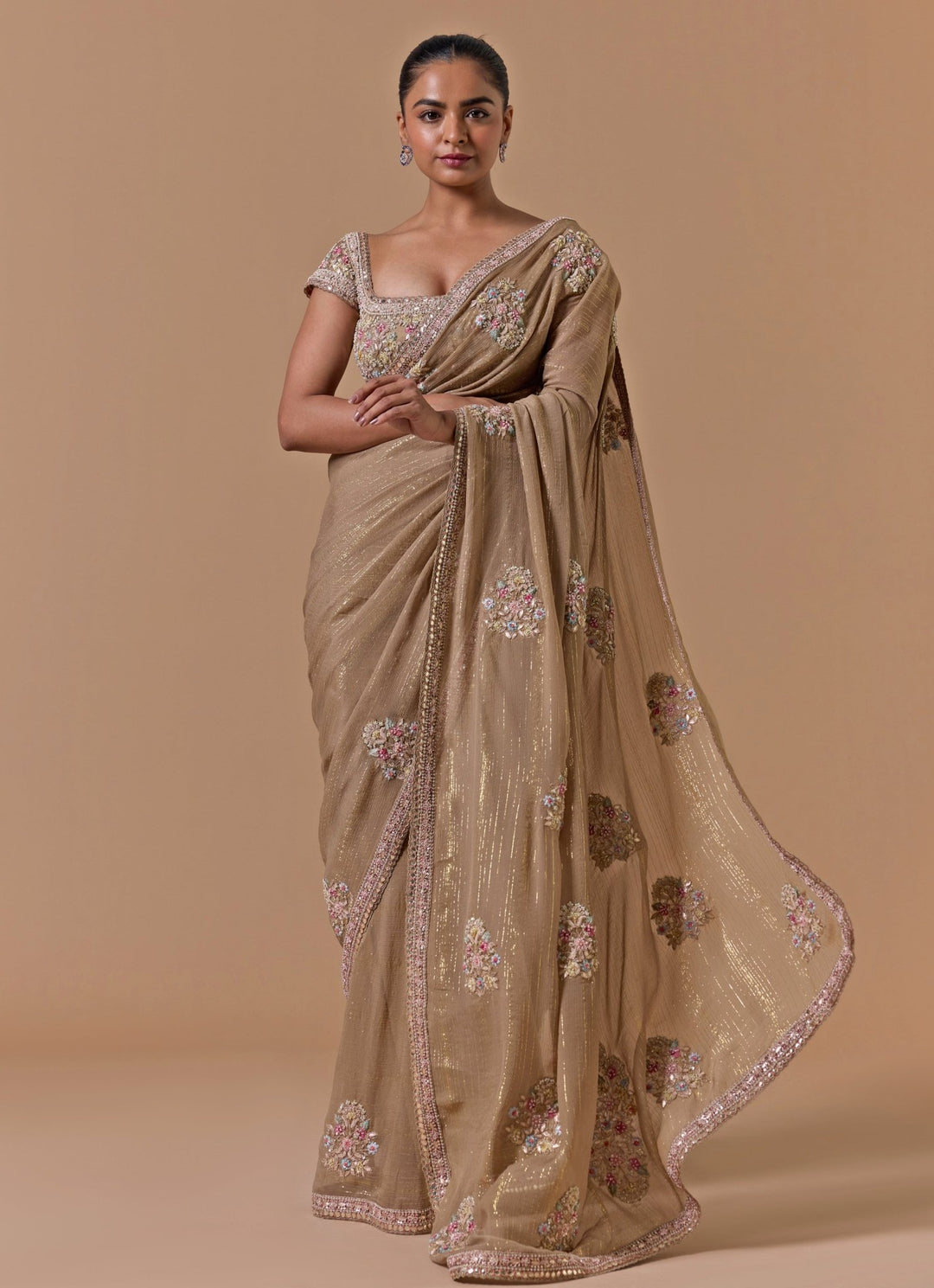 Nude Gold Lurex Chiffon Saree Nitika Gujral - Fabilicious Fashion