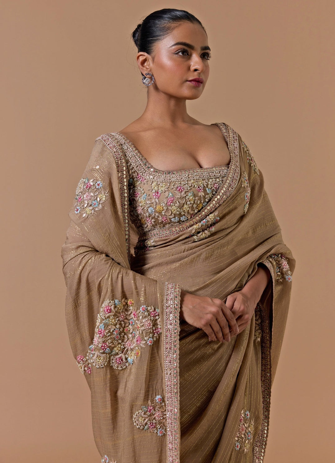 Nude Gold Lurex Chiffon Saree Nitika Gujral - Fabilicious Fashion