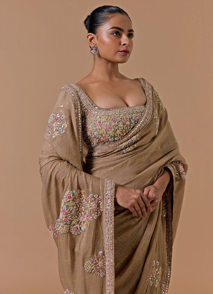 Nude Gold Lurex Chiffon Saree Nitika Gujral - Fabilicious Fashion