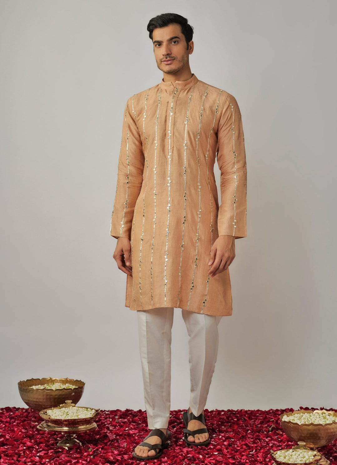 Nude Gold Mirror Embroidered Kurta Pant Set Renee Label - Men - Fabilicious Fashion